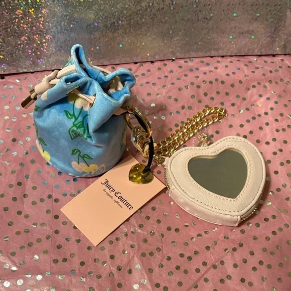 Juicy Couture Blue Gleam Drawstring Mini Bag with Heart Mirror Charm Pouch NWT - Picture 10 of 10